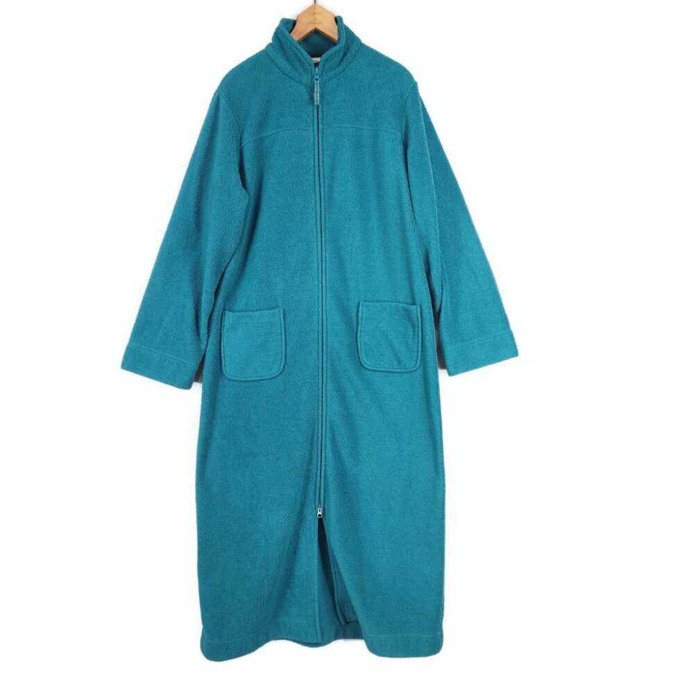 L L Bean Women's Fleece Zip Up Long Robe Blue Green Size Medium Housecoat Lounge